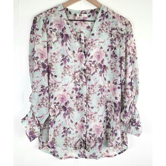 Kut From The Kloth Womens MP Floral Roll Tab Sleeve Semi-Sheer Button-Up Blouse - Picture 1 of 8